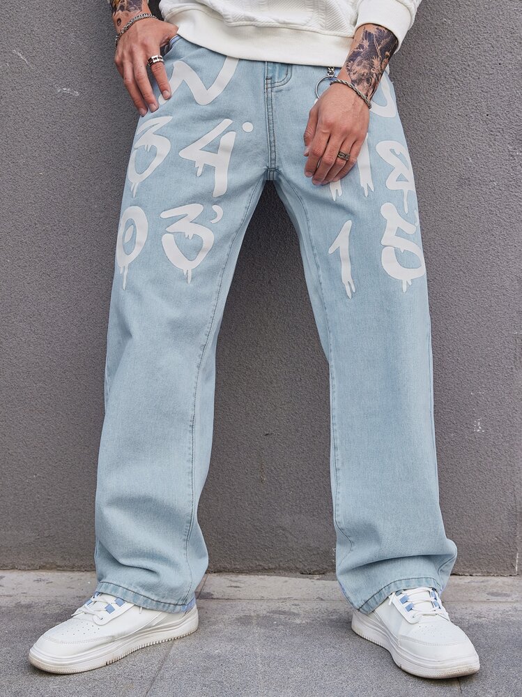 Manfinity EMRG Quần Jean Denim dáng rộng dành cho nam màu xanh có in chữ và đồ họa Chân thẳng dài thêu Skater Jean Cargo Graffiti Plain Light Prom Y2K - Rửa nhẹ - Xem 3