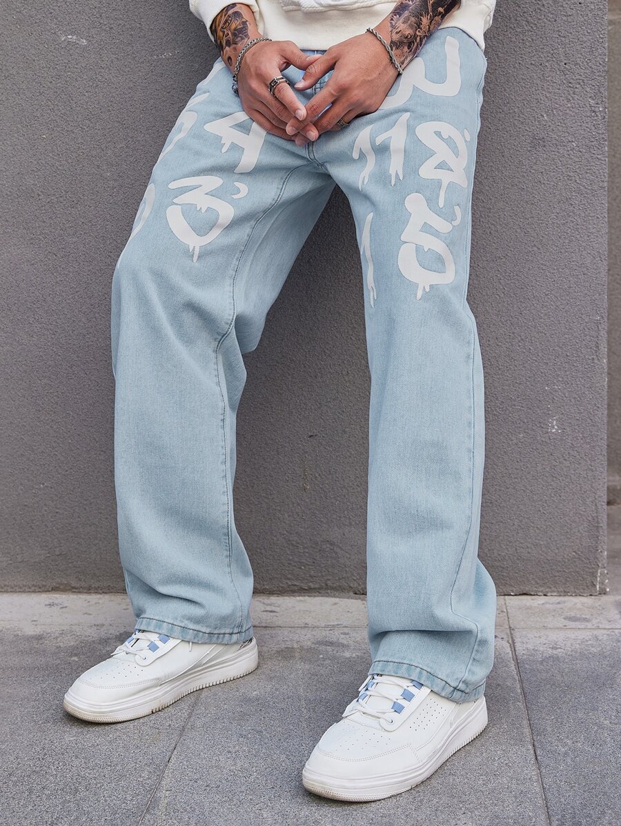 Manfinity EMRG Loose Fit Men's Blue Denim Jeans With Printed Letters