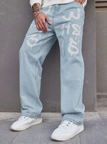 Manfinity EMRG Quần Jean Denim dáng rộng dành cho nam màu xanh có in chữ và đồ họa Chân thẳng dài thêu Skater Jean Cargo Graffiti Plain Light Prom Y2K - Rửa nhẹ - Xem 6