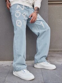 Manfinity EMRG Quần Jean Denim dáng rộng dành cho nam màu xanh có in chữ và đồ họa Chân thẳng dài thêu Skater Jean Cargo Graffiti Plain Light Prom Y2K - Rửa nhẹ - Xem 7