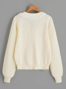 ROMWE Kawaii Himekaji Contrast Lace Bow Front Cable Knit Long Sleeve Cardigan, School - Beige - View 2