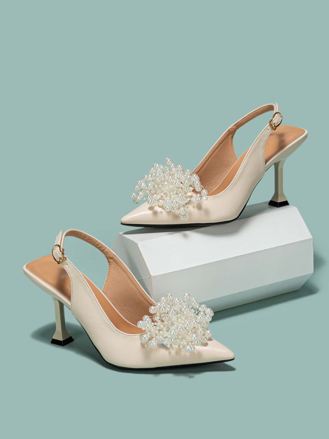 Women Faux Pearl Decor Pumps, Point Toe Pyramid Heeled Slingback Pumps - Apricot - View 1