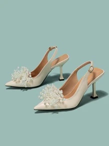 Women Faux Pearl Decor Pumps, Point Toe Pyramid Heeled Slingback Pumps - Apricot - View 2