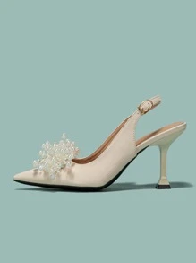 Women Faux Pearl Decor Pumps, Point Toe Pyramid Heeled Slingback Pumps - Apricot - View 3