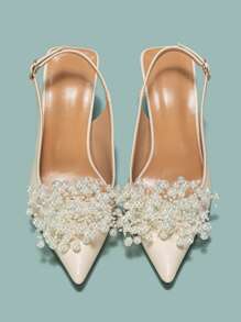 Women Faux Pearl Decor Pumps, Point Toe Pyramid Heeled Slingback Pumps - Apricot - View 6