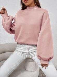 SHEIN EZwear Mock Neck Bishop Sleeve Pullover - Pink - View 1