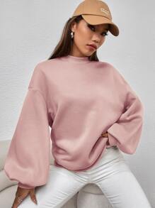SHEIN EZwear Mock Neck Bishop Sleeve Pullover - Pink - View 5
