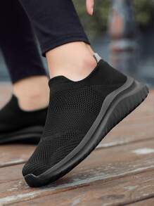 Fall/Winter Women's Comfortable Sports Shoes Large-Size Breathable Flying-Knit Material Printed Tie-Up Casual Sports Shoes,Sneakers For Women - Black - View 5