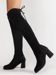 Women Black Tie Back Faux Suede Sock Boots, Fashionable Round Toe Chunky Heel Knee Boots - Black - View 2
