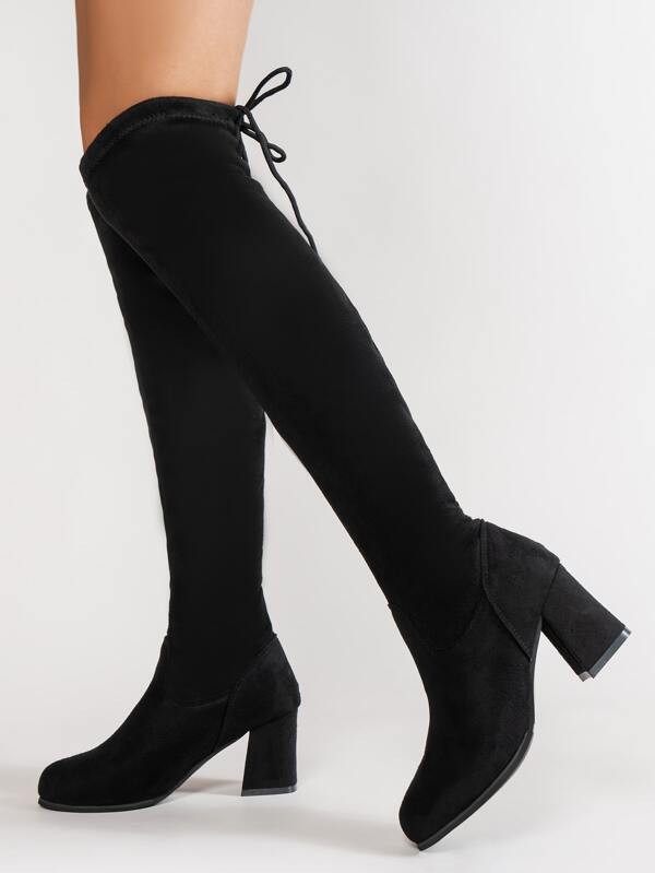 Women Black Tie Back Faux Suede Sock Boots, Fashionable Round Toe