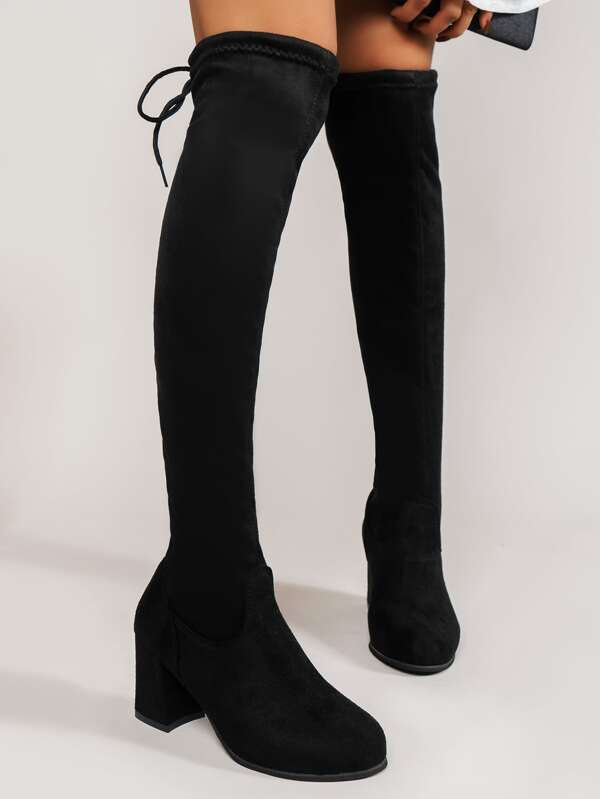 Women Black Tie Back Faux Suede Sock Boots, Fashionable Round Toe