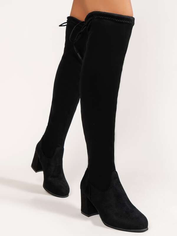 Women Black Tie Back Faux Suede Sock Boots, Fashionable Round Toe