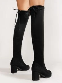 Women Black Tie Back Faux Suede Sock Boots, Fashionable Round Toe Chunky Heel Knee Boots - Black - View 1