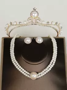 4pcs Faux Pearl & Rhinestone Decor Bride Headwear Set - Gold - View 1