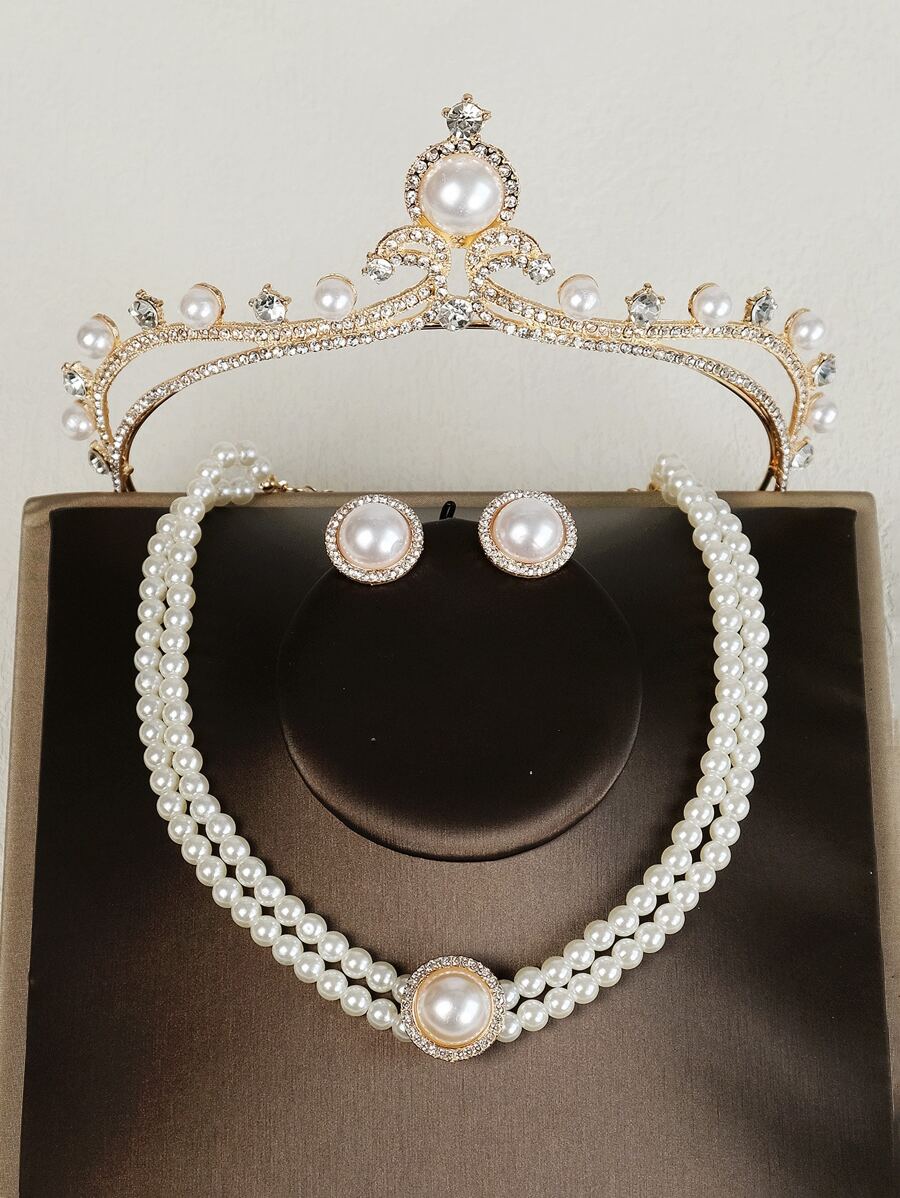 4pcs Faux Pearl & Rhinestone Decor Bride Headwear Set - Gold - View 1