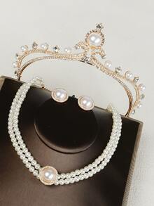 4pcs Faux Pearl & Rhinestone Decor Bride Headwear Set - Gold - View 2