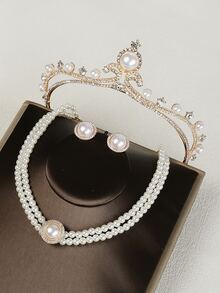 4pcs Faux Pearl & Rhinestone Decor Bride Headwear Set - Gold - View 3