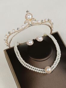 4pcs Faux Pearl & Rhinestone Decor Bride Headwear Set - Gold - View 5