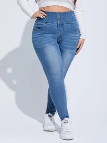 SHEIN Essnce 大碼貓鬚緊身牛仔褲 - 淺色水洗藍 - 查看 5