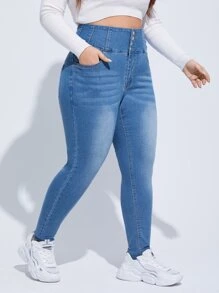 SHEIN Essnce 大碼貓鬚緊身牛仔褲 - 淺色水洗藍 - 查看 3