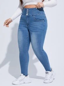 SHEIN Essnce 大碼貓鬚緊身牛仔褲 - 淺色水洗藍 - 查看 6