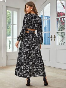 SHEIN VCAY Dalmatian Print Lantern Sleeve Crop Top & Split Thigh Skirt - Black and White - View 2
