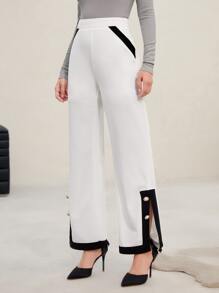 Modelyn Contrast Panel Button Detail Wide Leg Pants - White - View 1