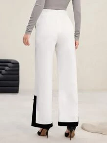 Modelyn Contrast Panel Button Detail Wide Leg Pants - White - View 2
