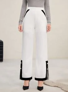 Modelyn Contrast Panel Button Detail Wide Leg Pants - White - View 3