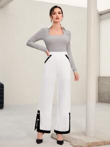 Modelyn Contrast Panel Button Detail Wide Leg Pants - White - View 4