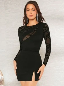 SHEIN BAE Áo thun nữ Tương phản Mesh cắt Hình học Thanh lịch - màu đen - Xem 3