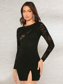 SHEIN BAE Áo thun nữ Tương phản Mesh cắt Hình học Thanh lịch - màu đen - Xem 6