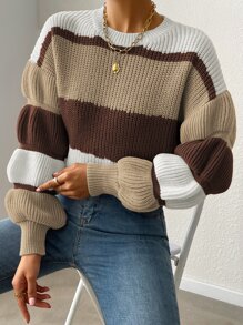 SHEIN Unity Colour Block Gathered Sleeve Jumper - Khaki - View 1