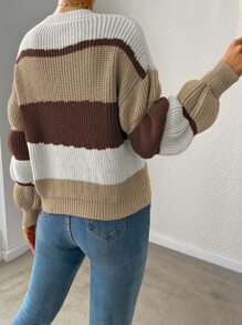 SHEIN Unity Colour Block Gathered Sleeve Jumper - Khaki - View 2