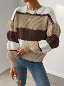 SHEIN Unity Colour Block Gathered Sleeve Jumper - Khaki - View 4