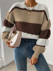 SHEIN Unity Colour Block Gathered Sleeve Jumper - Khaki - View 6