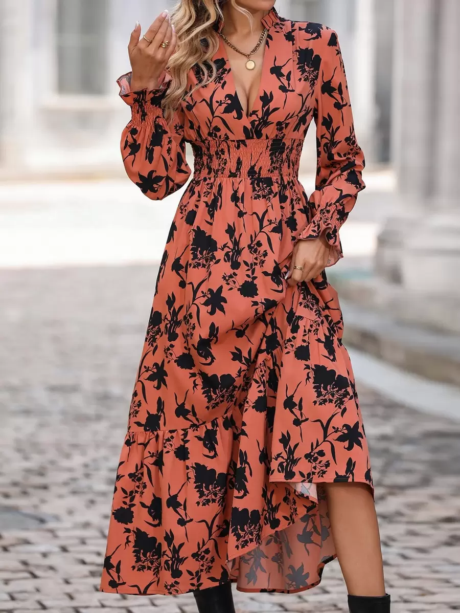 SHEIN Clasi Vestido con estampado floral de manga con volante bajo con fruncido - Naranja Quemada - Ver 1