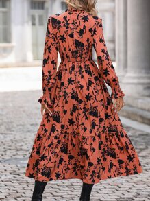 SHEIN Clasi Vestido con estampado floral de manga con volante bajo con fruncido - Naranja Quemada - Ver 2