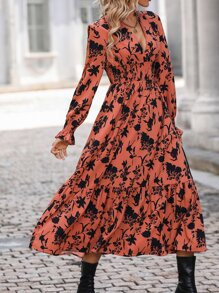 SHEIN Clasi Vestido con estampado floral de manga con volante bajo con fruncido - Naranja Quemada - Ver 5