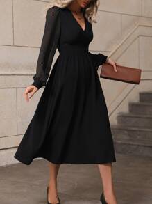 SHEIN Clasi Polka Dot Bishop Sleeve A-line Dress - Black - View 3