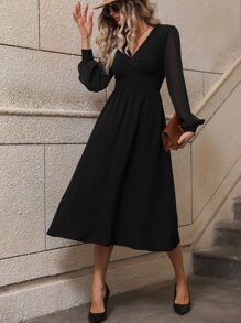 SHEIN Clasi Polka Dot Bishop Sleeve A-line Dress - Black - View 4