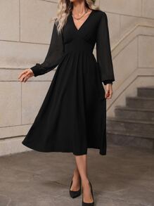 SHEIN Clasi Polka Dot Bishop Sleeve A-line Dress - Black - View 5