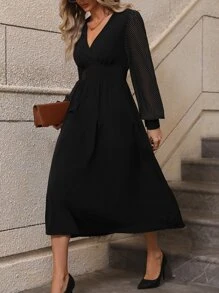 SHEIN Clasi Polka Dot Bishop Sleeve A-line Dress - Black - View 6