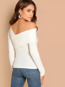 SHEIN Privé 折邊不對稱領素色T恤 - 白色 - 查看 2