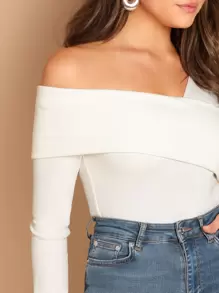 SHEIN Privé 折邊不對稱領素色T恤 - 白色 - 查看 4