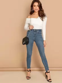 SHEIN Privé 折邊不對稱領素色T恤 - 白色 - 查看 5