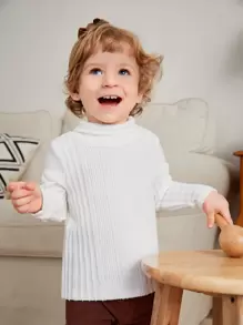 SHEIN White All-Match Soft Rib Knit Tops, Comfortable & Stretchy For Baby Boys/Girls, Suitable For Home & Outing, All Seasons