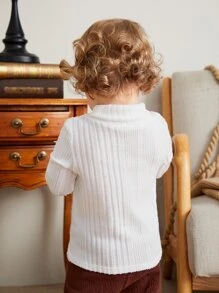 SHEIN White All-Match Soft Rib Knit Tops, Comfortable & Stretchy For Baby Boys/Girls, Suitable For Home & Outing, All Seasons