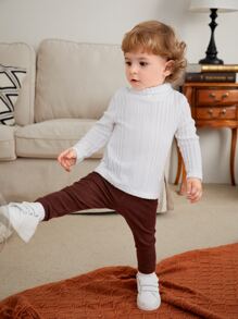 SHEIN White All-Match Soft Rib Knit Tops, Comfortable & Stretchy For Baby Boys/Girls, Suitable For Home & Outing, All Seasons