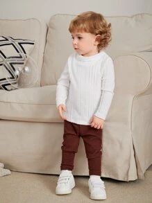 SHEIN White All-Match Soft Rib Knit Tops, Comfortable & Stretchy For Baby Boys/Girls, Suitable For Home & Outing, All Seasons